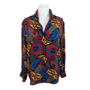 VINTAGE 80s Blouse Funky Colorful Button Up Satin Top Sz 8 Medium Retro Paisley